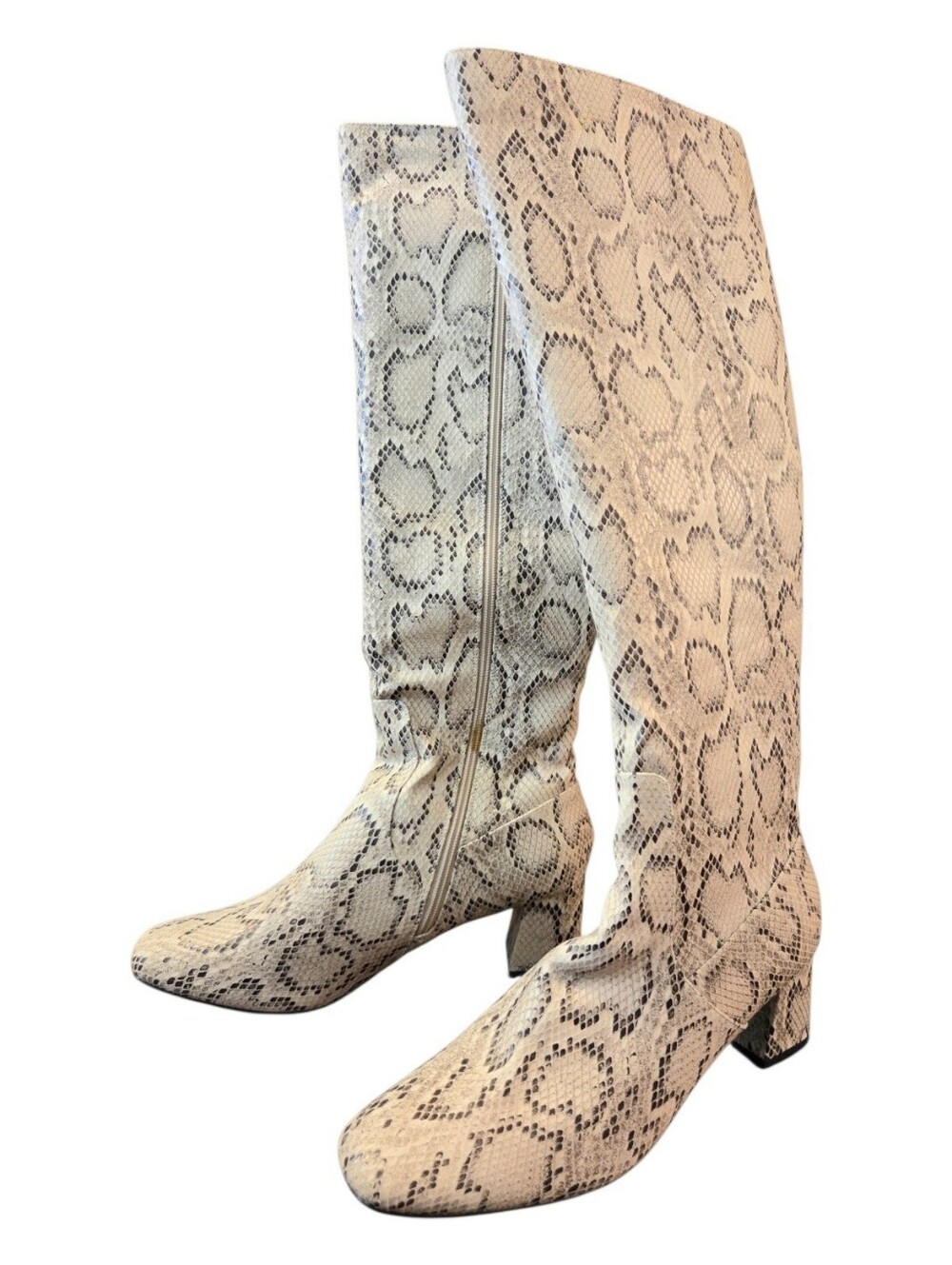 Long Tall Sally Women's "Pia" Snake Block-Heel Tall Boots in Natural - Size 12